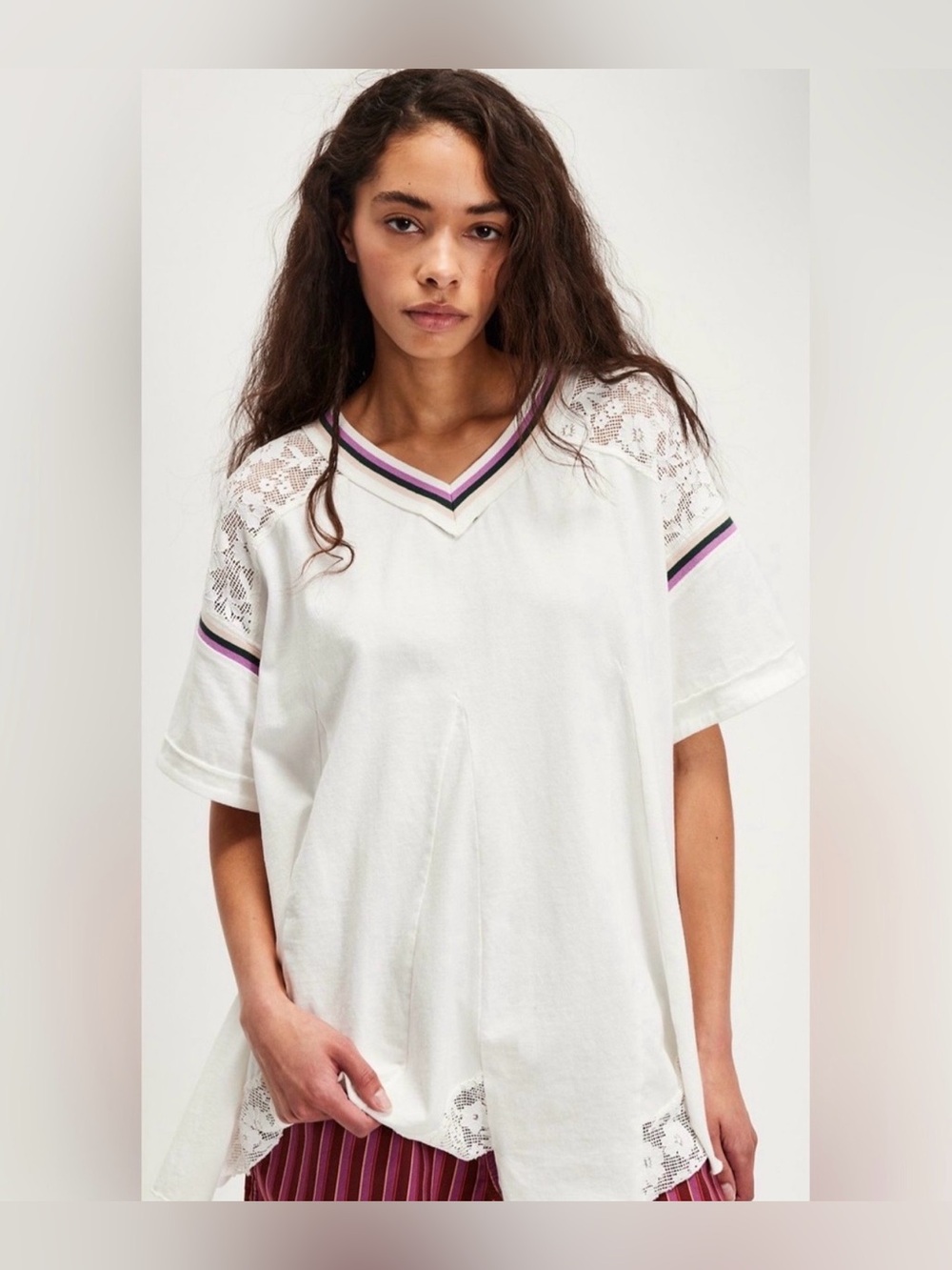 White V-Neck Lace-Panel Women’s Top with Contrast Stripe